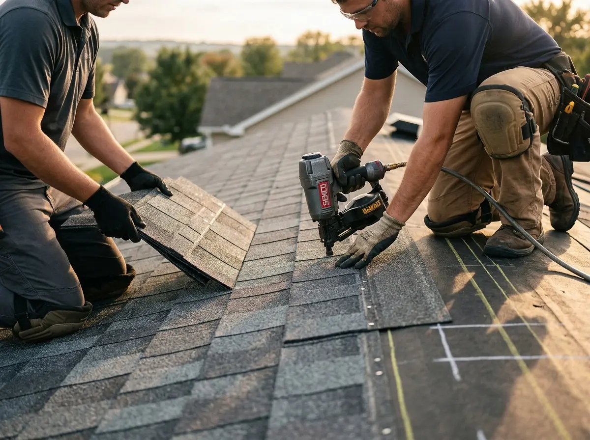 Professional roofer working on a residential roof in Fussels Corner